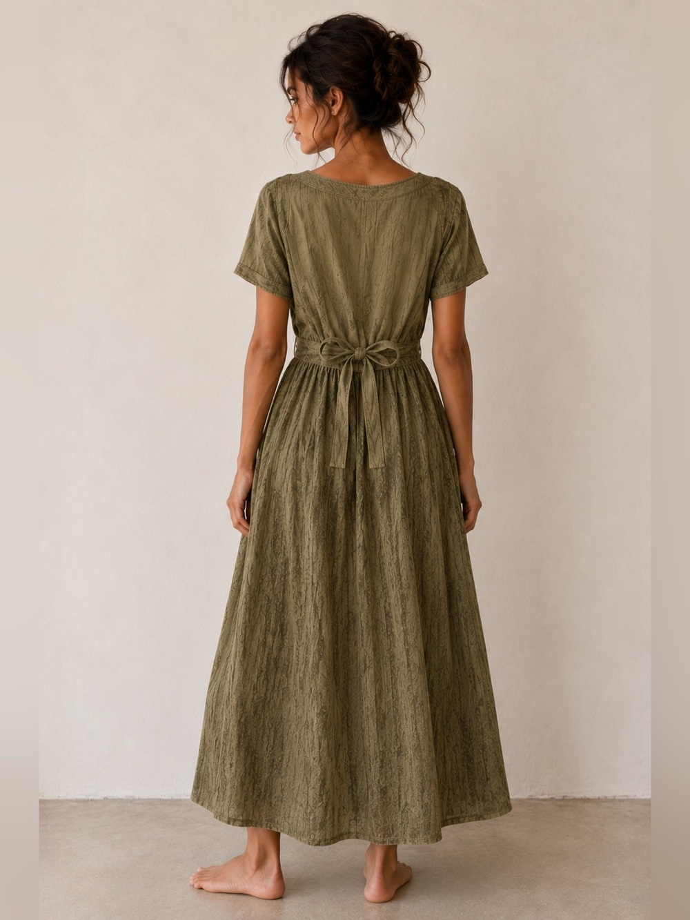 Vintage 100% Rayon Olive Embroidered Boho Lagenlook Prairie Maxi Dress S/M - Picture 2 of 10